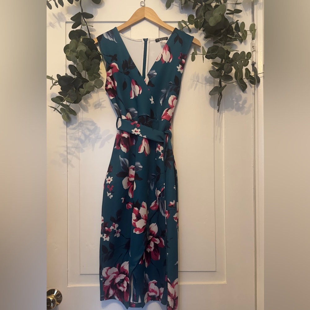 Venus Green Tropical Print Surplice Neck Belted Dress, Size M